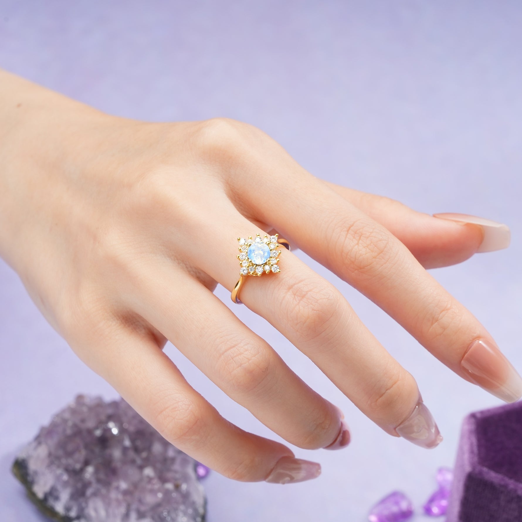 Distinctive 4 Prong Round Cut Moonstone Engagement Ring - Additional view