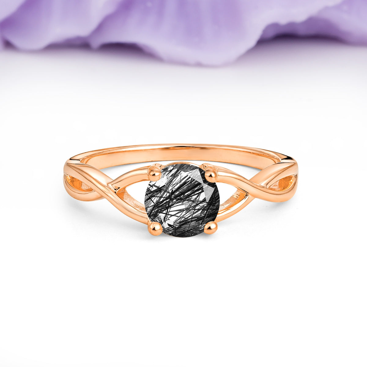 Classic Twisted 4-Prong Round Cut Black Rutilated Quartz Engagement Ring - Additional view