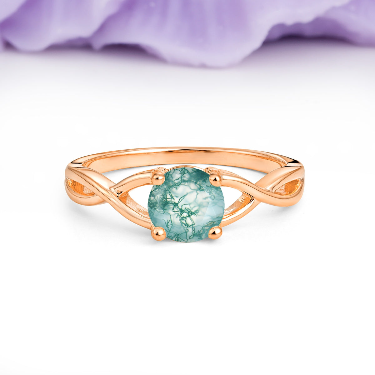 Classic Twisted 4-Prong Round Cut Moss Agate Engagement Ring - Additional view