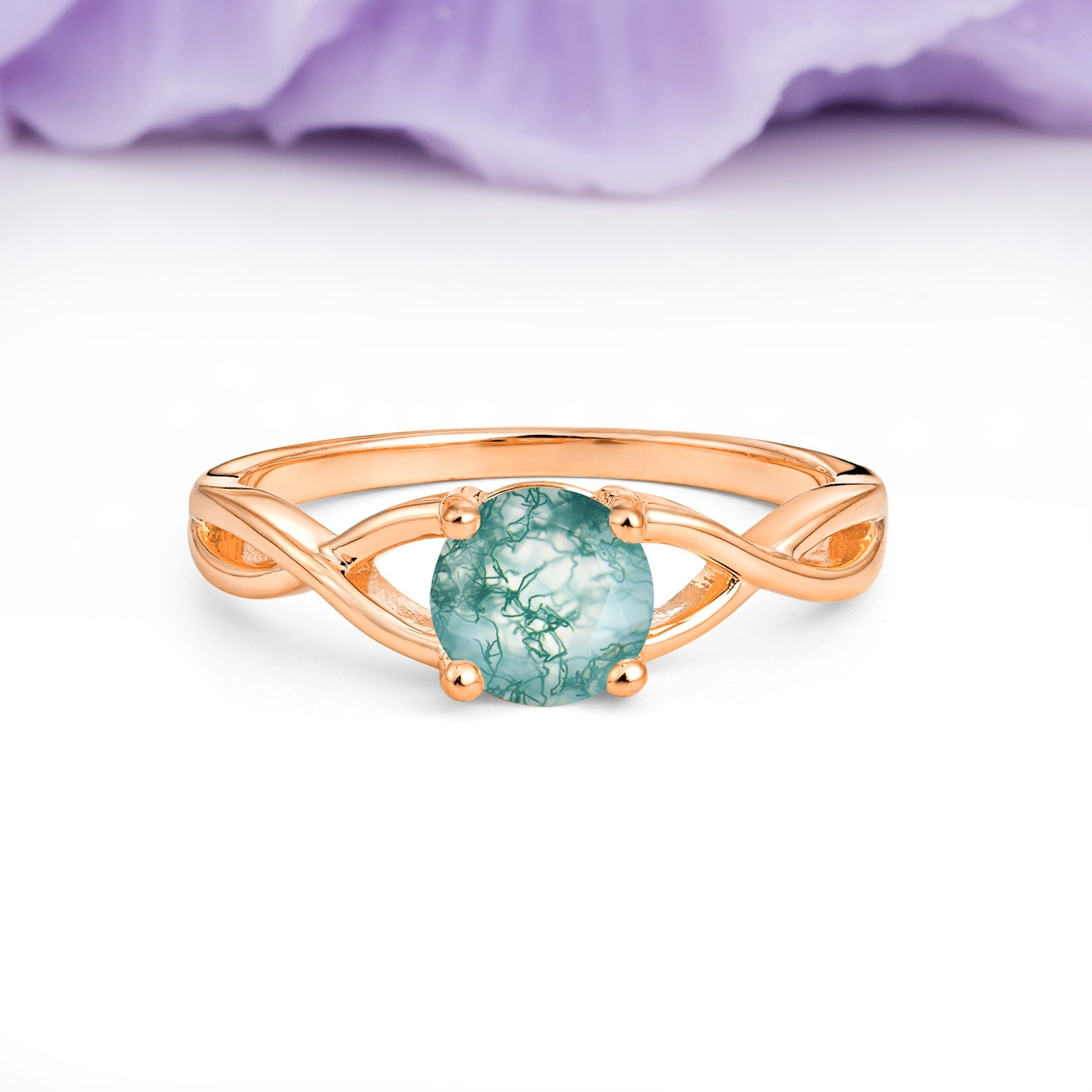 Classic Twisted 4-Prong Round Cut Moss Agate Engagement Ring - Additional view