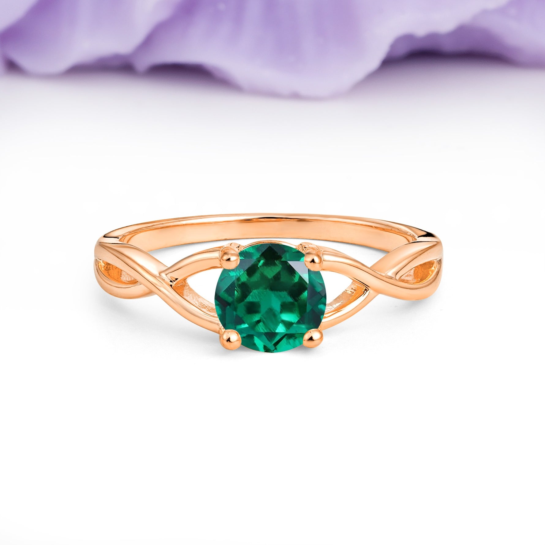 Classic Twisted 4-Prong Round Cut Emerald Engagement Ring - Additional view