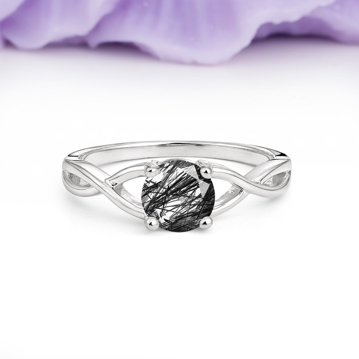 Classic Twisted 4-Prong Round Cut Black Rutilated Quartz Engagement Ring - Additional view