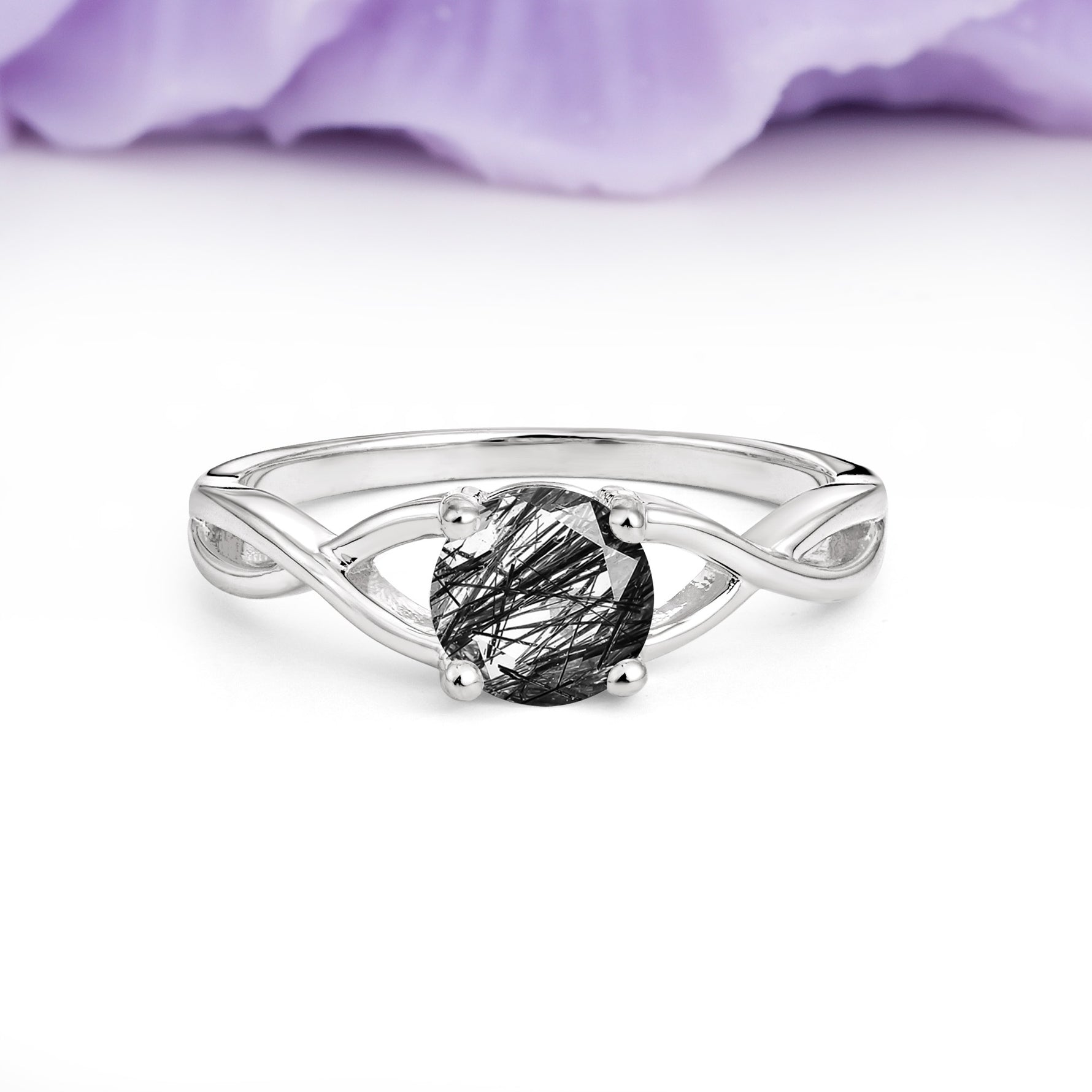 Classic Twisted 4-Prong Round Cut Black Rutilated Quartz Engagement Ring - Additional view