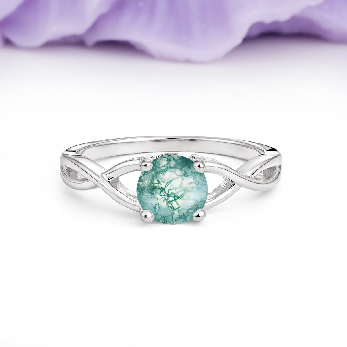Classic Twisted 4-Prong Round Cut Moss Agate Engagement Ring - Additional view