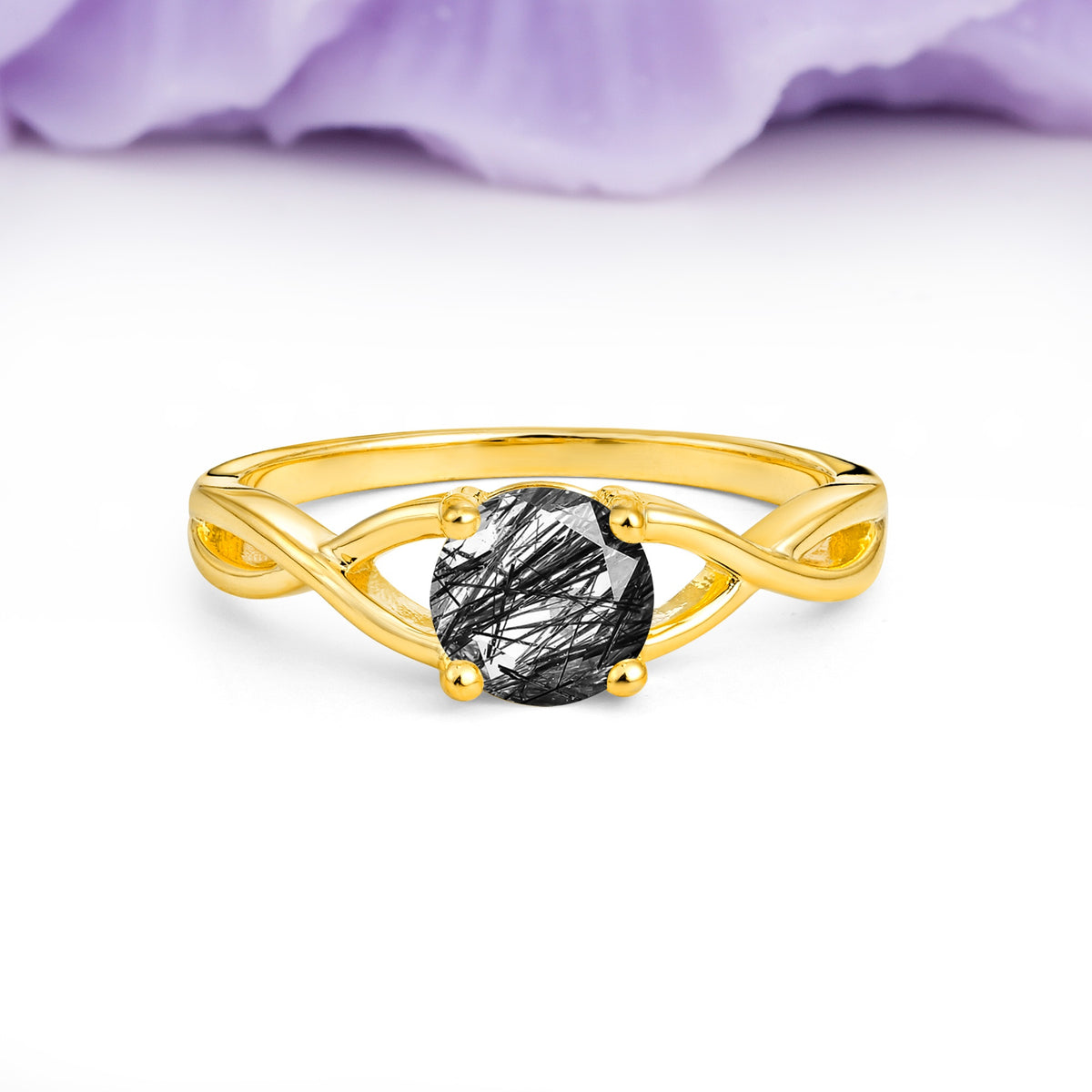 Classic Twisted 4-Prong Round Cut Black Rutilated Quartz Engagement Ring - Additional view
