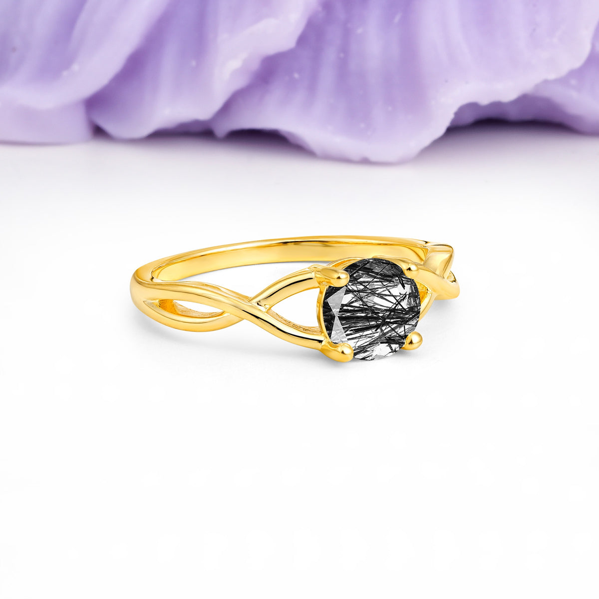 Classic Twisted 4-Prong Round Cut Black Rutilated Quartz Engagement Ring - Additional view