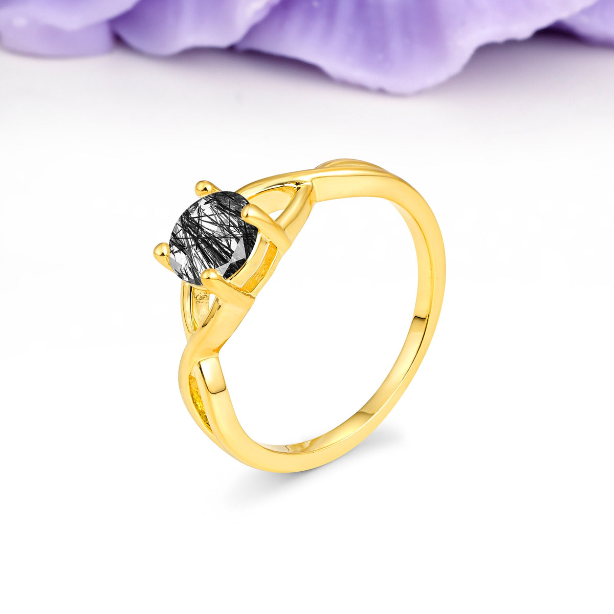 Classic Twisted 4-Prong Round Cut Black Rutilated Quartz Engagement Ring - Additional view