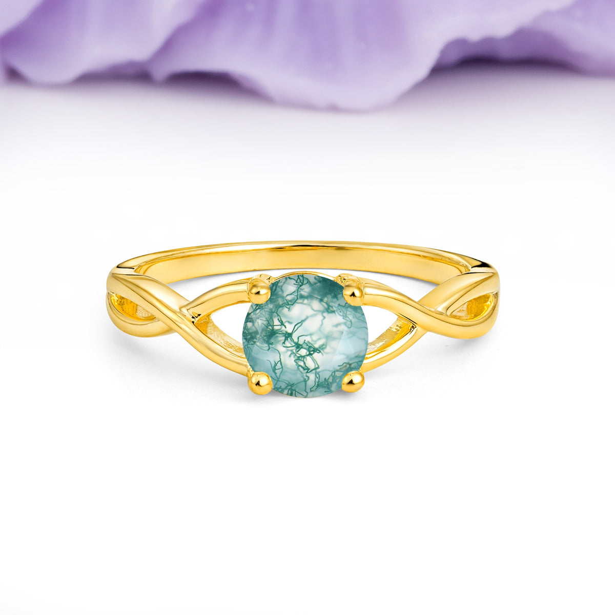 Classic Twisted 4-Prong Round Cut Moss Agate Engagement Ring - Additional view