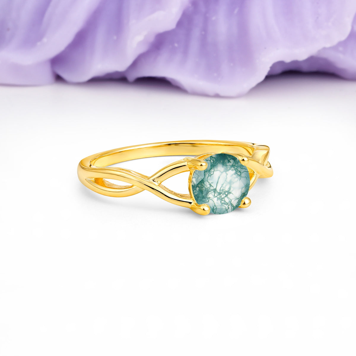 Classic Twisted 4-Prong Round Cut Moss Agate Engagement Ring - Additional view