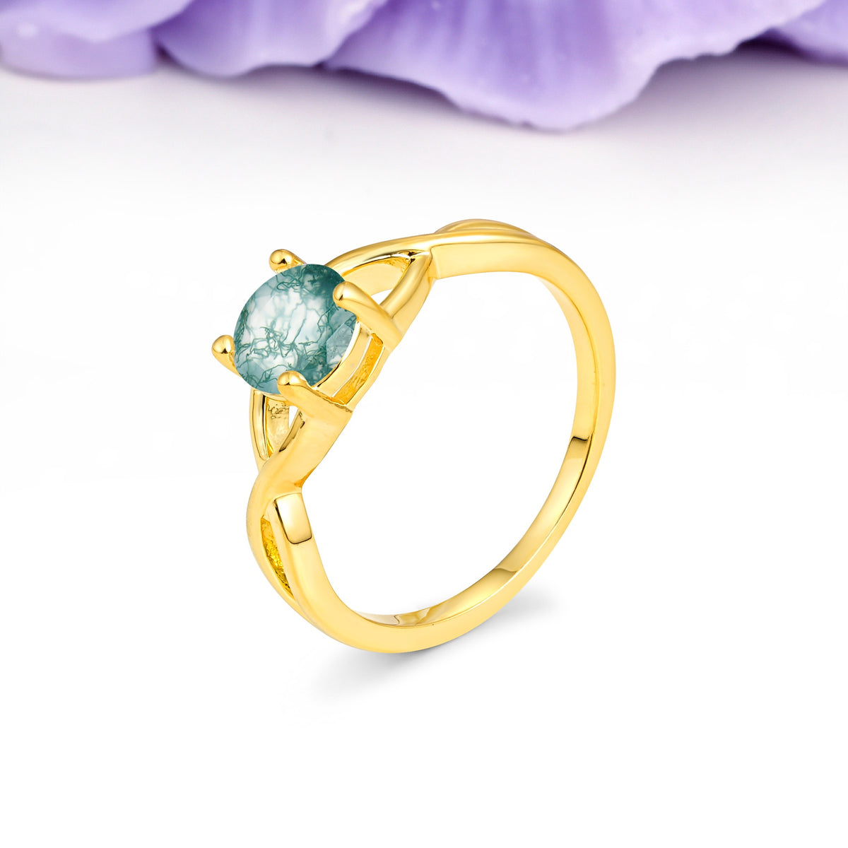 Classic Twisted 4-Prong Round Cut Moss Agate Engagement Ring - Additional view