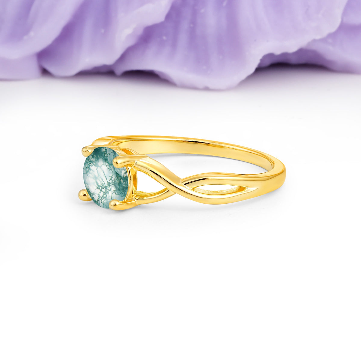 Classic Twisted 4-Prong Round Cut Moss Agate Engagement Ring - Additional view