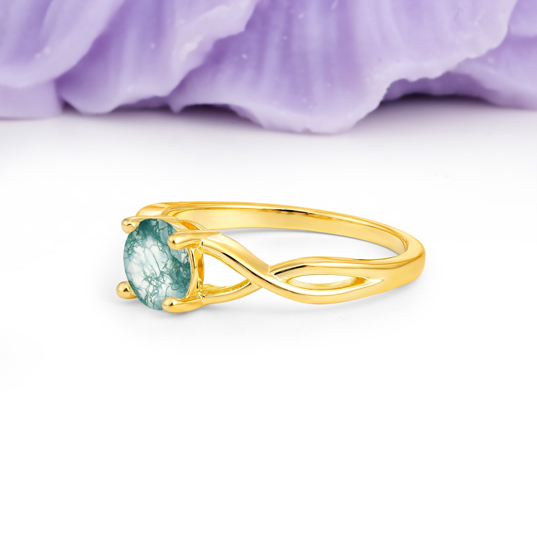 Classic Twisted 4-Prong Round Cut Moss Agate Engagement Ring - Additional view