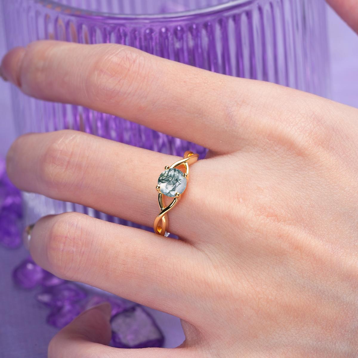 Classic Twisted 4-Prong Round Cut Moss Agate Engagement Ring
