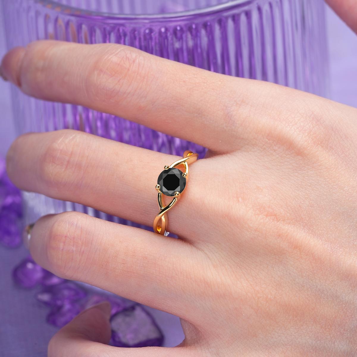 Classic Twisted 4-Prong Round Cut Black Onyx Engagement Ring