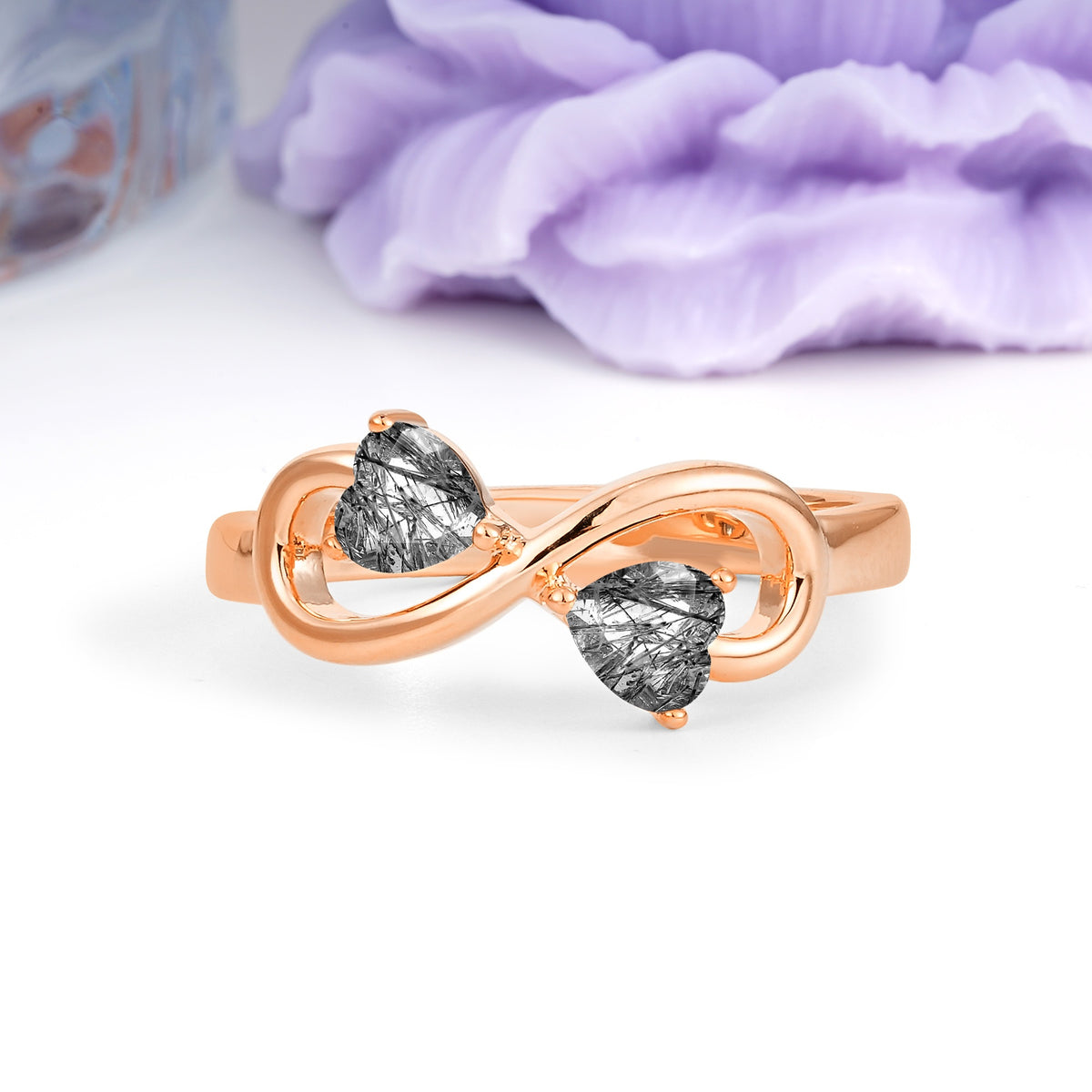 Unique Intertwined 3 Prong Double Heart Cut Black Rutilated Quartz Engagement Ring - Additional view