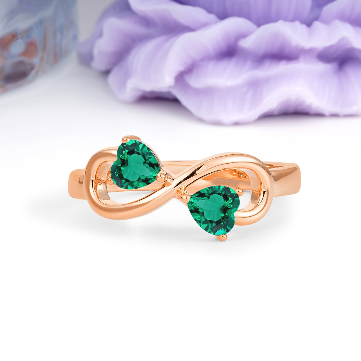 Unique Intertwined 3 Prong Double Heart Cut Emerald Engagement Ring - Additional view