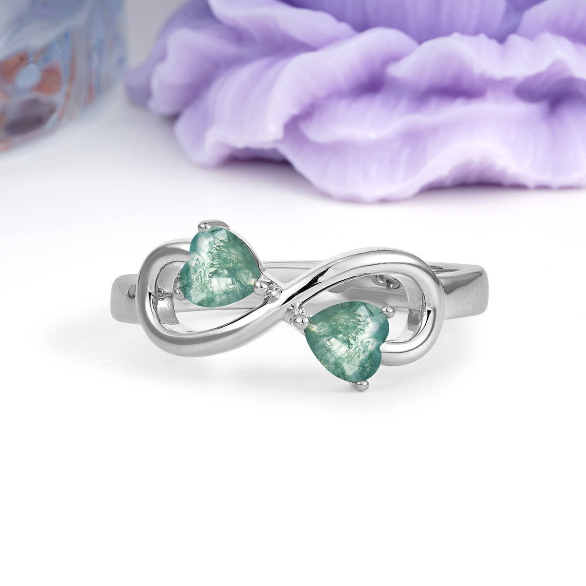 Unique Intertwined 3 Prong Double Heart Cut Moss Agate Engagement Ring - Additional view