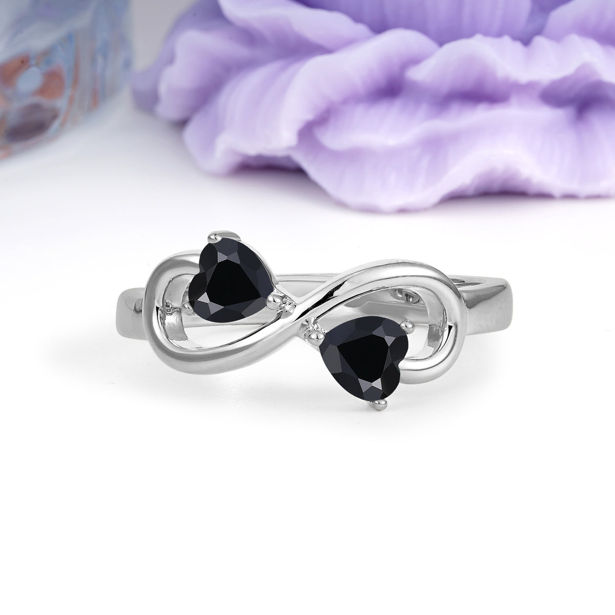 Unique Intertwined 3 Prong Double Heart Cut Black Onyx Engagement Ring - Additional view
