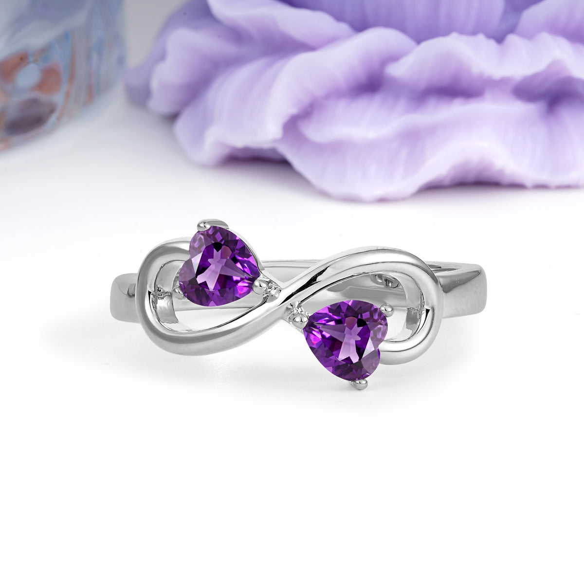 Unique Intertwined 3 Prong Double Heart Cut Amethyst Engagement Ring - Additional view