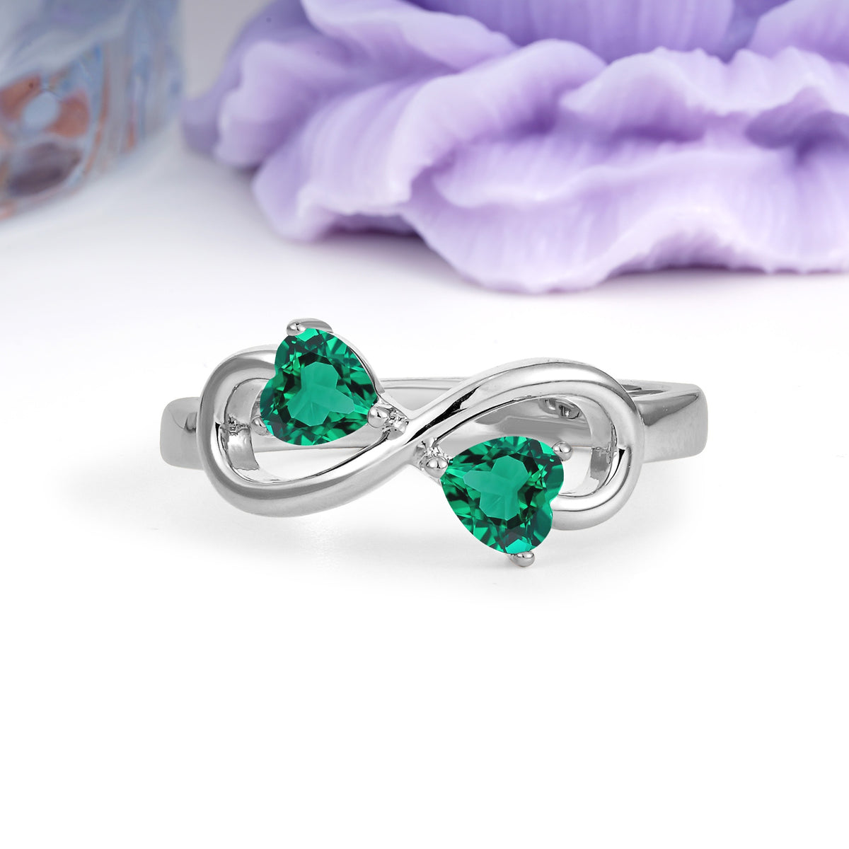 Unique Intertwined 3 Prong Double Heart Cut Emerald Engagement Ring - Additional view