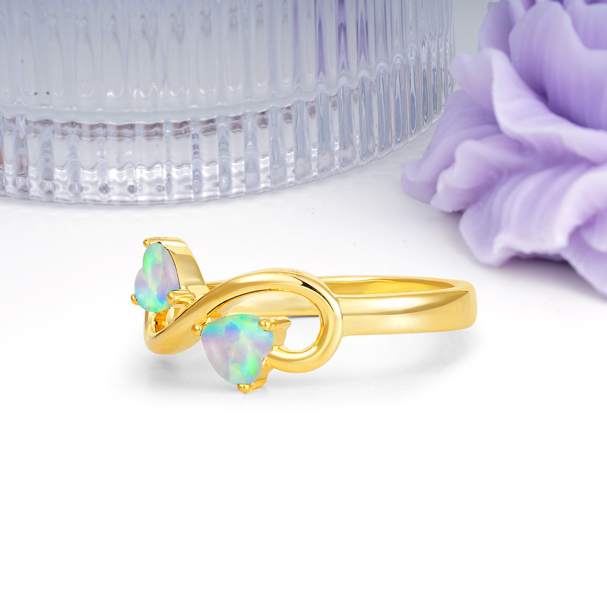 Unique Intertwined 3 Prong Double Heart Cut Fire Opal Engagement Ring - Additional view