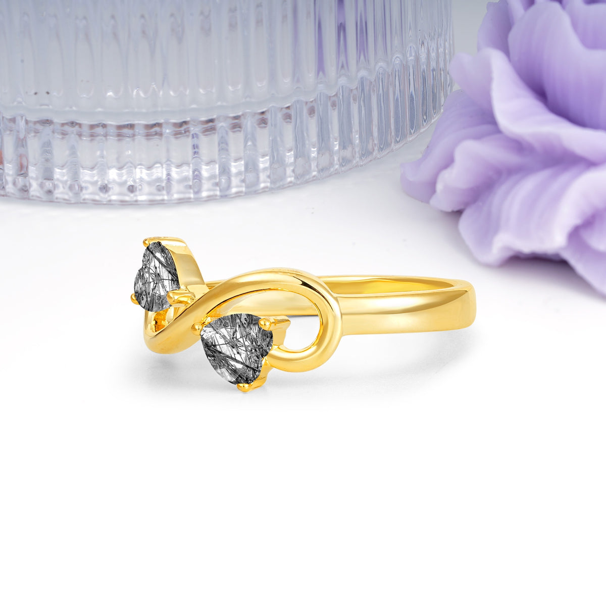 Unique Intertwined 3 Prong Double Heart Cut Black Rutilated Quartz Engagement Ring - Additional view