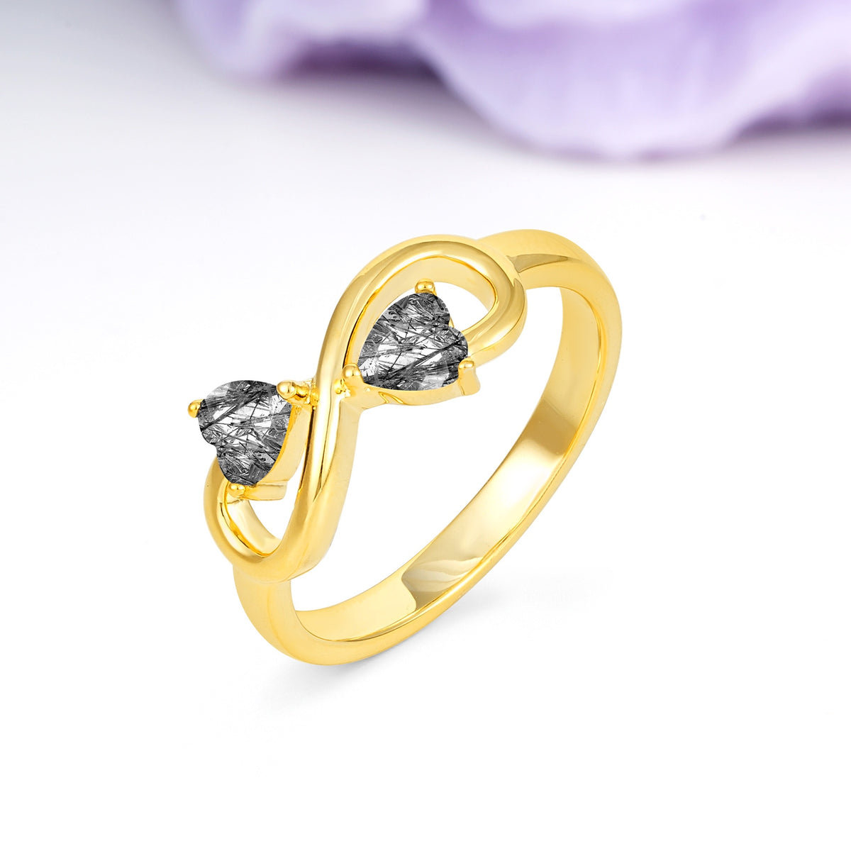 Unique Intertwined 3 Prong Double Heart Cut Black Rutilated Quartz Engagement Ring - Additional view