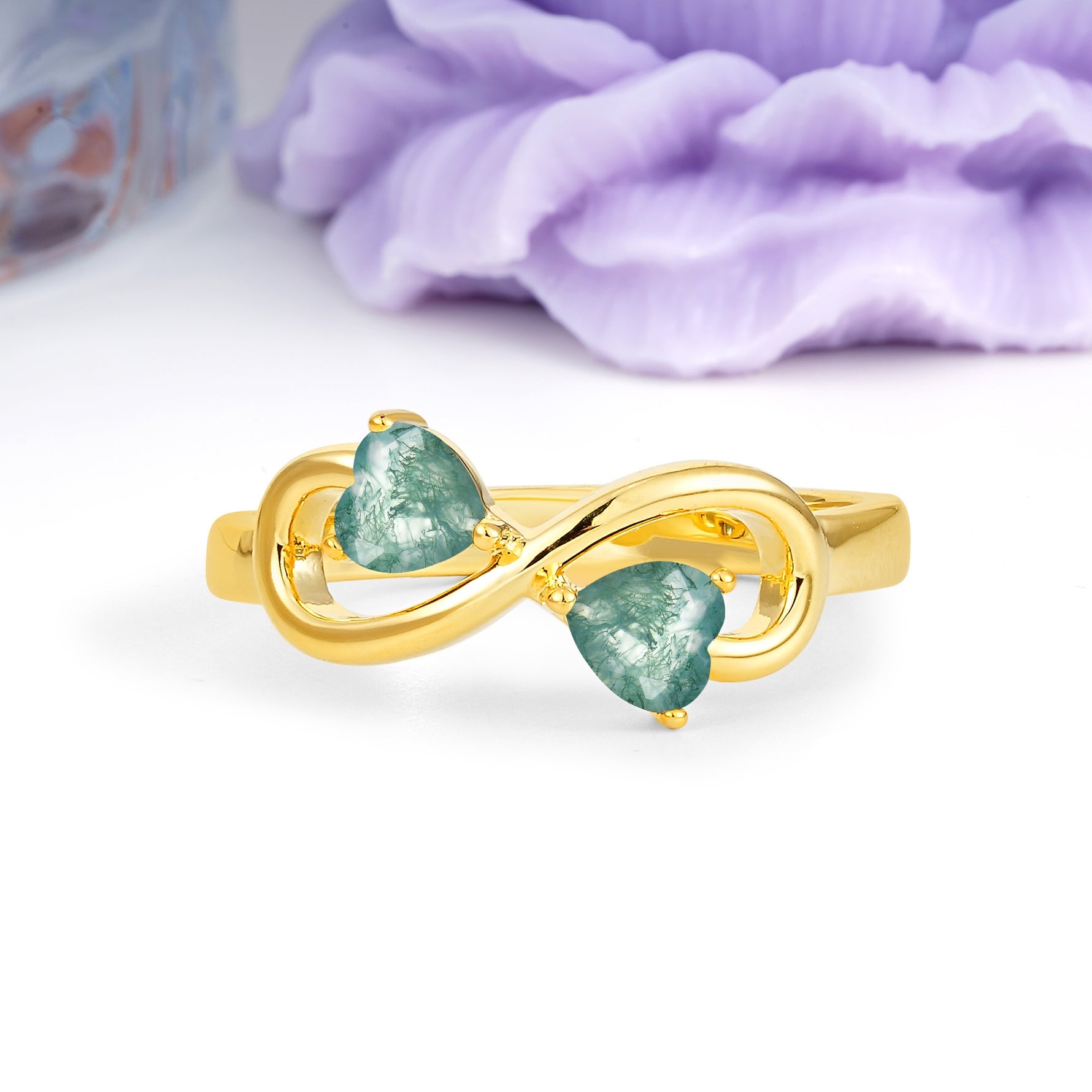 Unique Intertwined 3 Prong Double Heart Cut Moss Agate Engagement Ring - Additional view