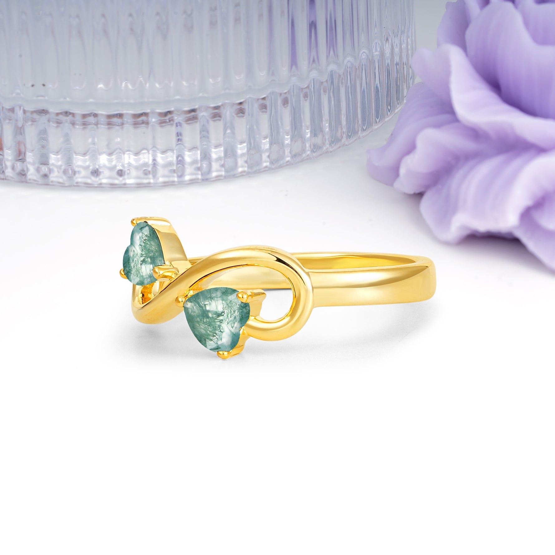 Unique Intertwined 3 Prong Double Heart Cut Moss Agate Engagement Ring - Additional view