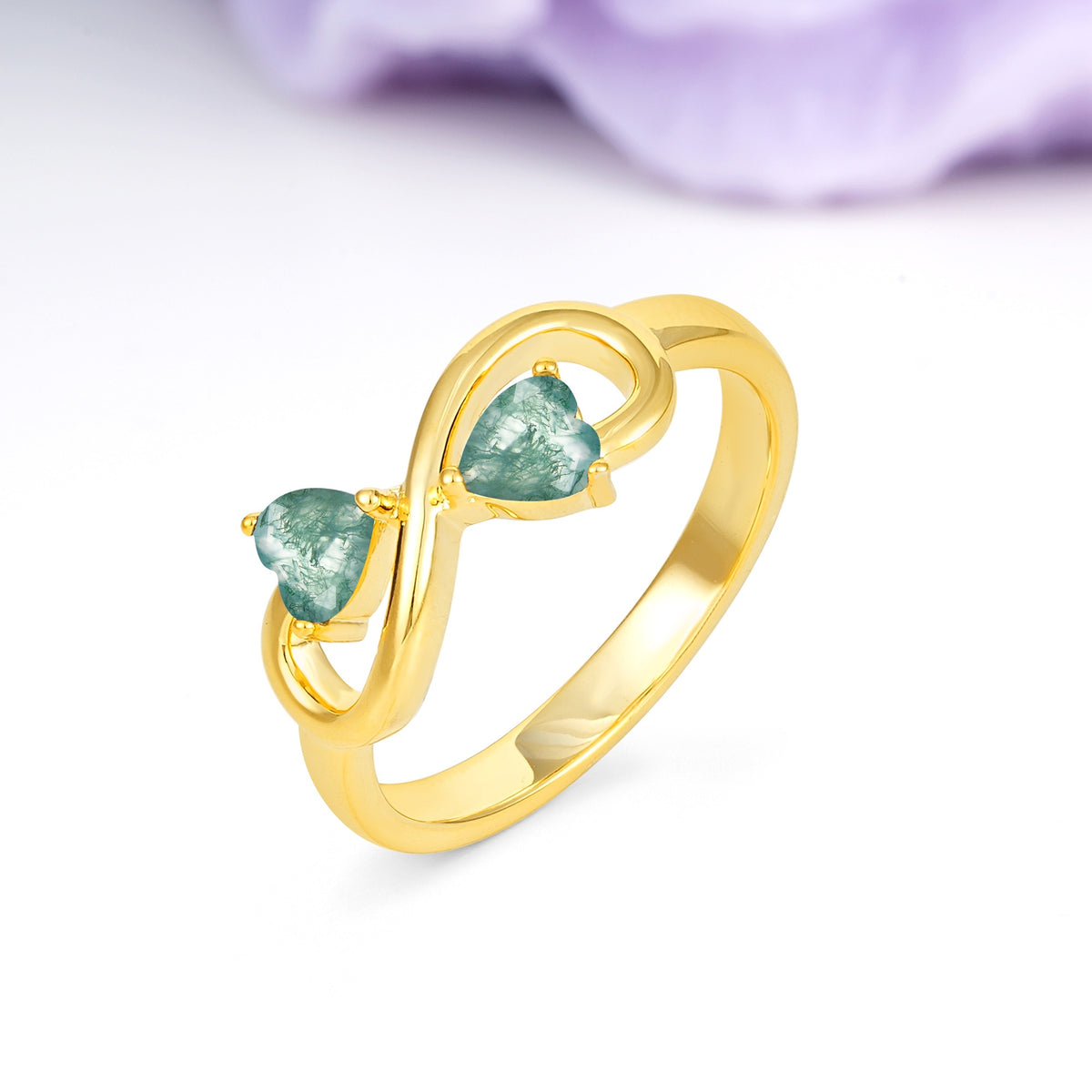 Unique Intertwined 3 Prong Double Heart Cut Moss Agate Engagement Ring - Additional view