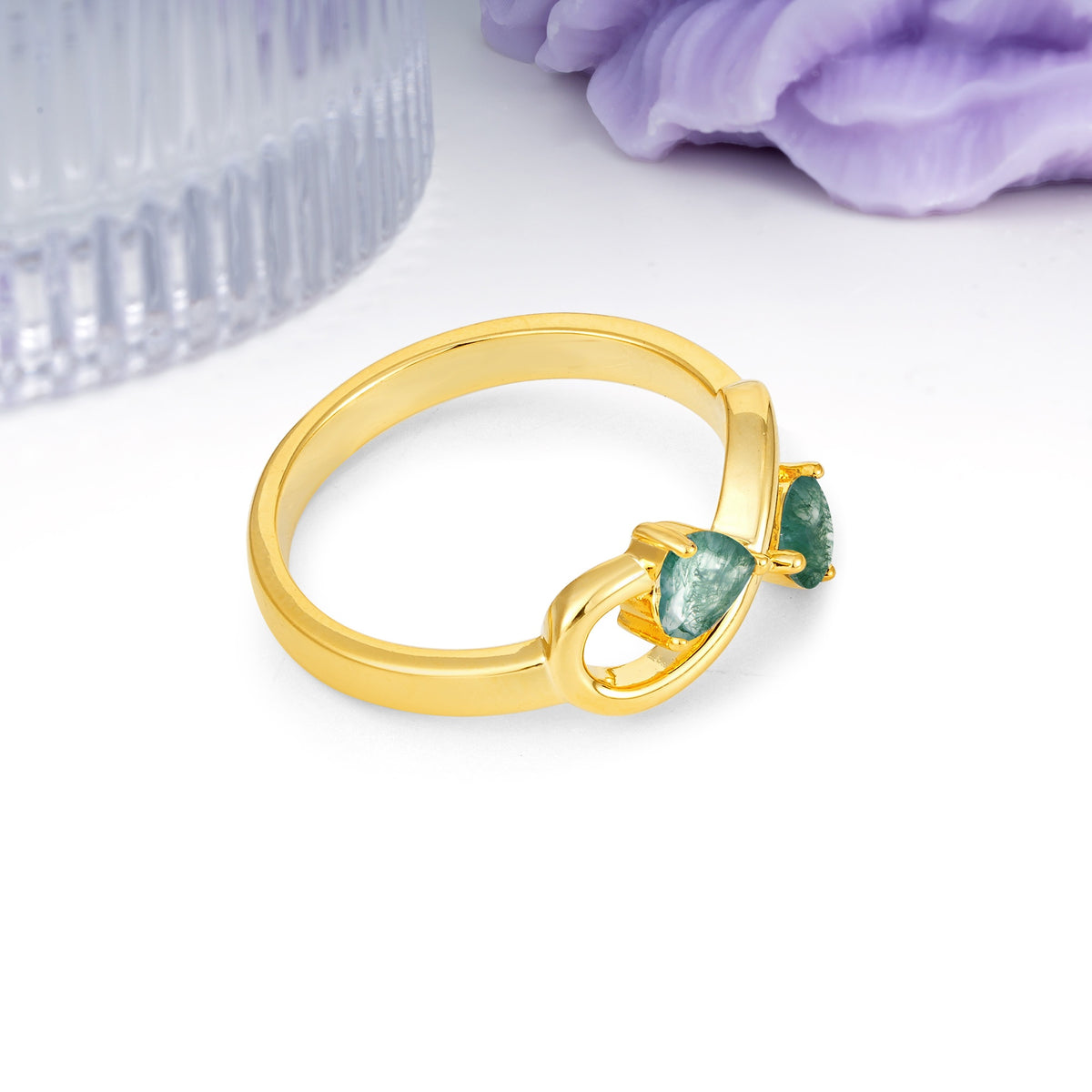 Unique Intertwined 3 Prong Double Heart Cut Moss Agate Engagement Ring - Additional view