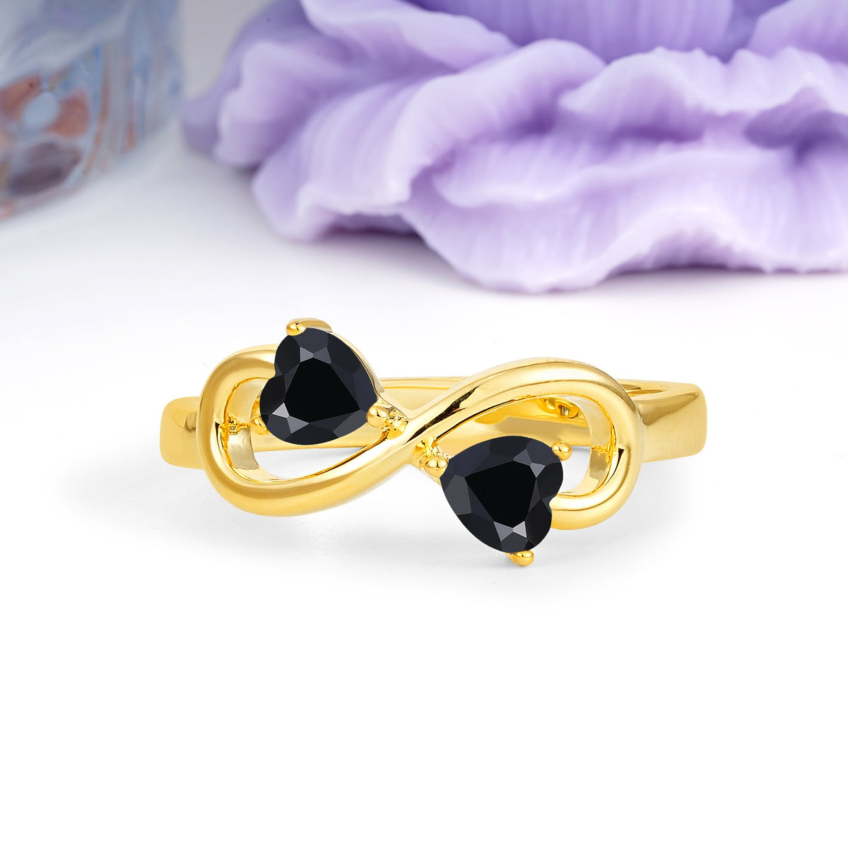 Unique Intertwined 3 Prong Double Heart Cut Black Onyx Engagement Ring - Additional view