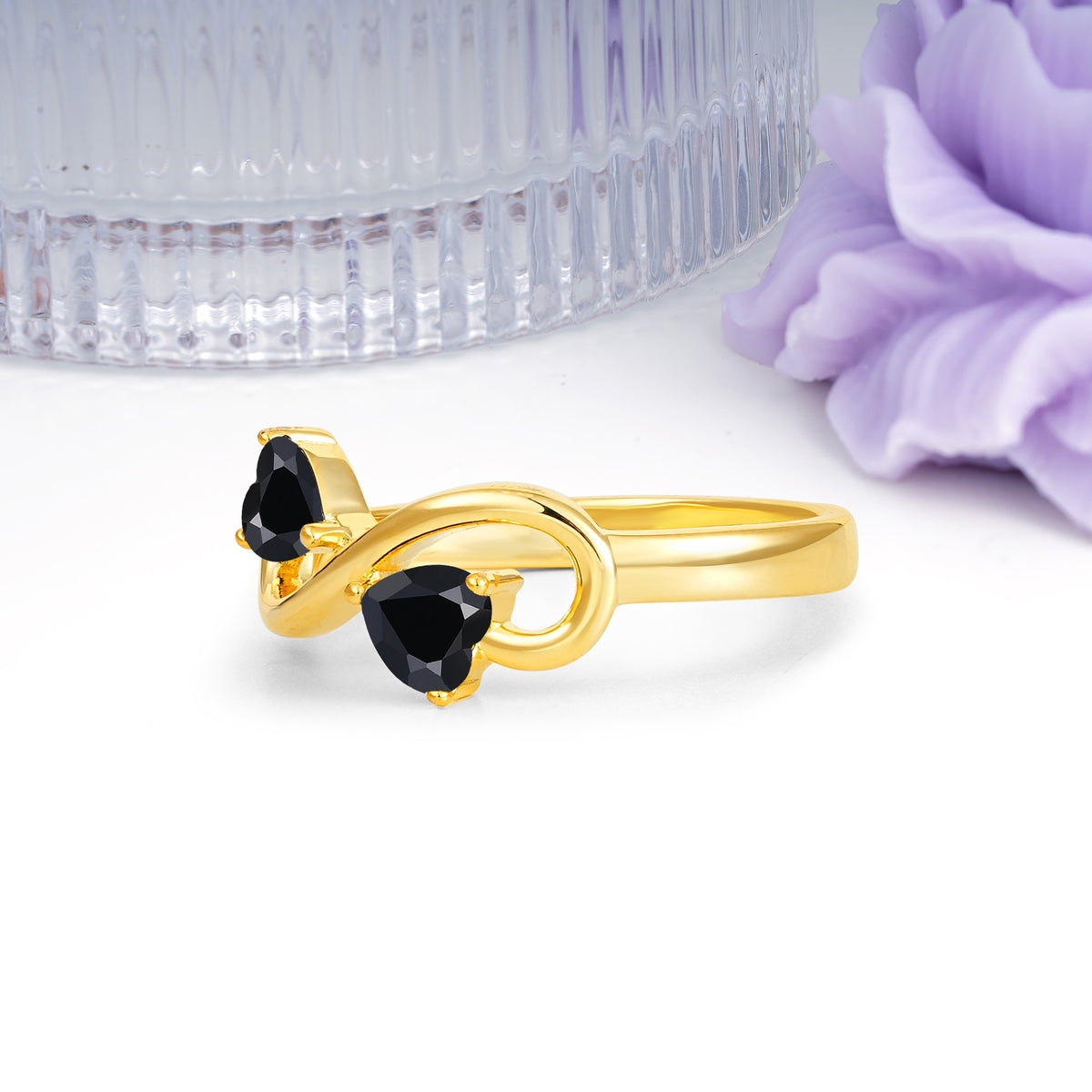 Unique Intertwined 3 Prong Double Heart Cut Black Onyx Engagement Ring - Additional view
