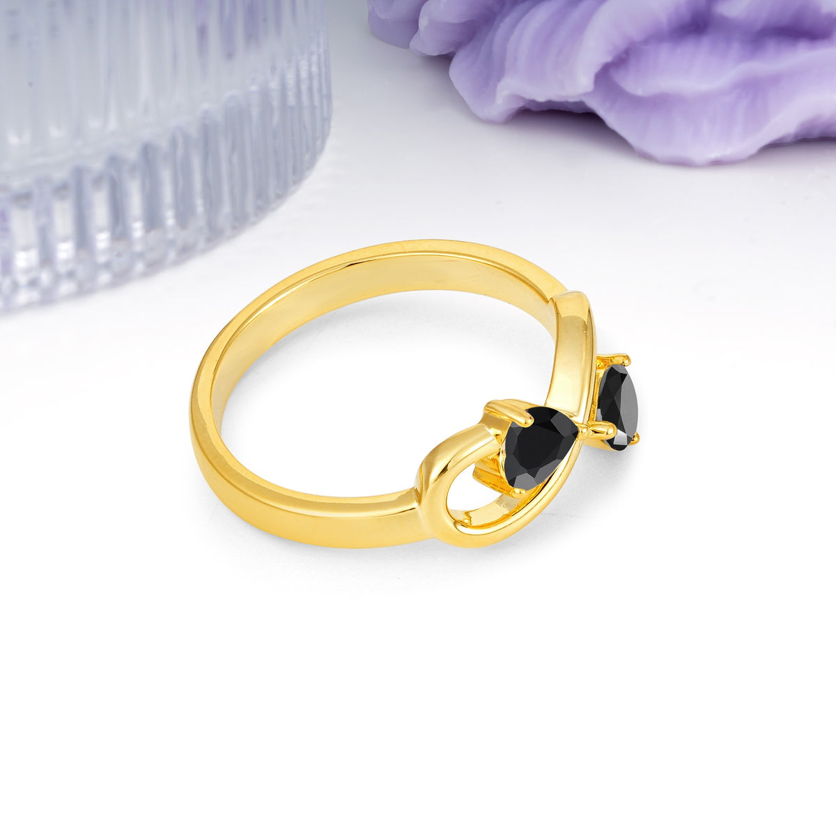 Unique Intertwined 3 Prong Double Heart Cut Black Onyx Engagement Ring - Additional view