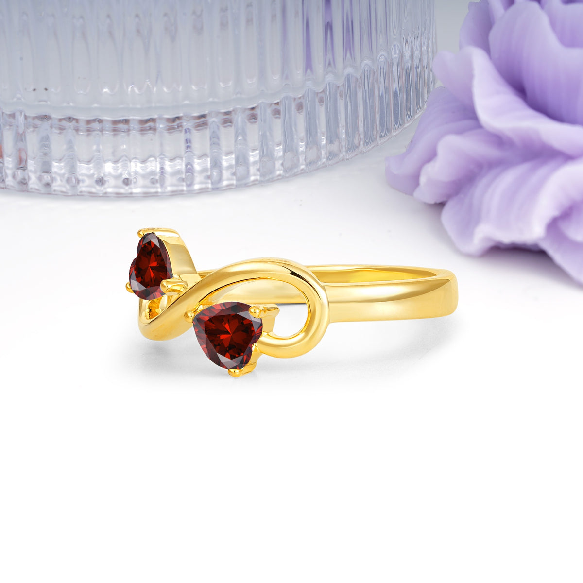 Unique Intertwined 3 Prong Double Heart Cut Garnet Engagement Ring - Additional view
