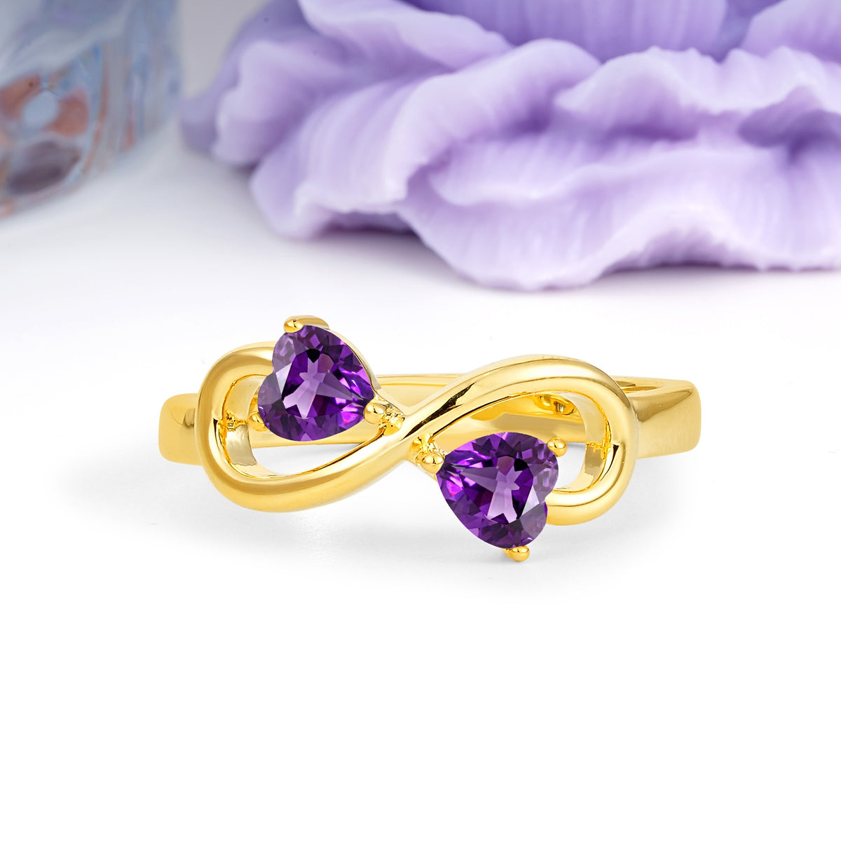 Unique Intertwined 3 Prong Double Heart Cut Amethyst Engagement Ring - Additional view