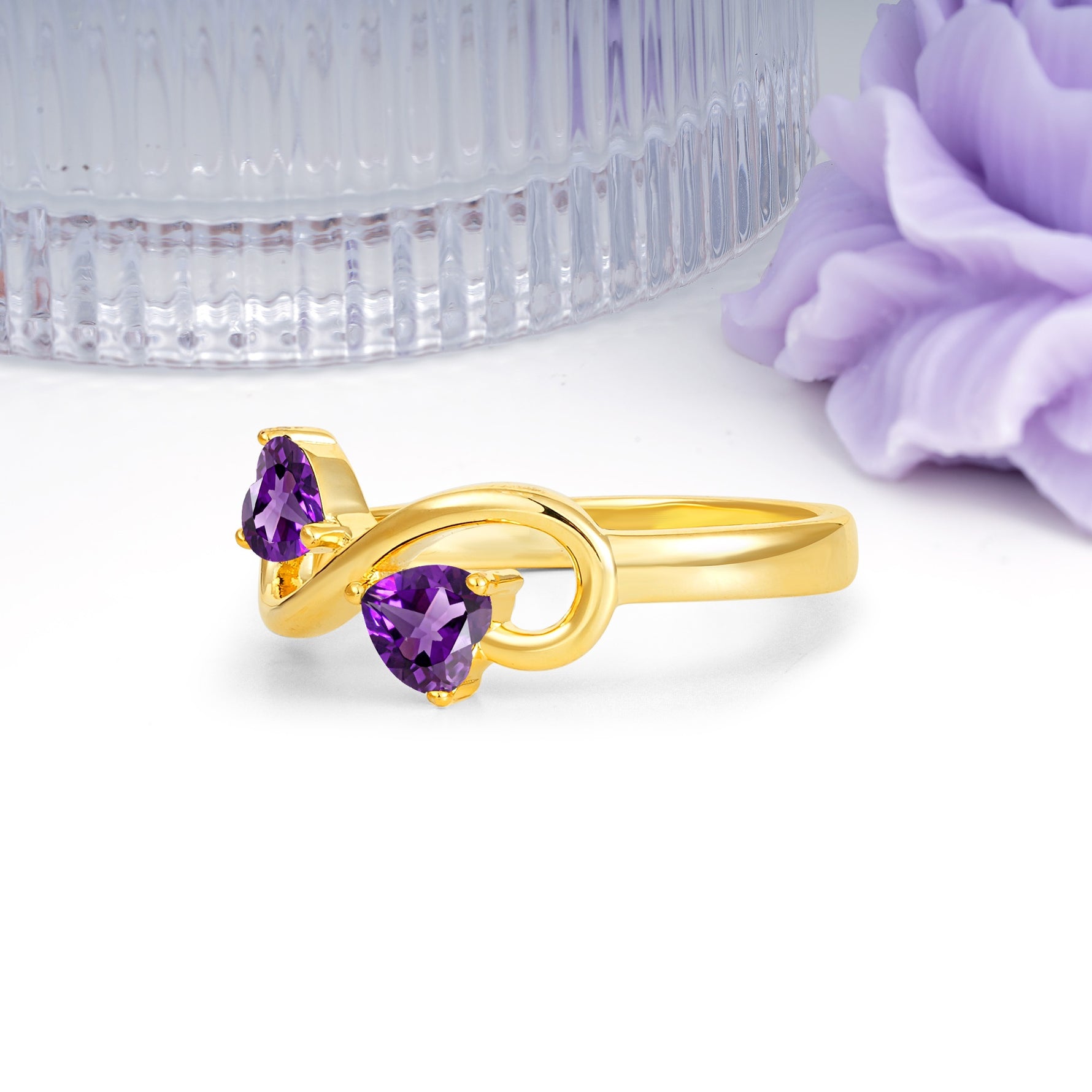 Unique Intertwined 3 Prong Double Heart Cut Amethyst Engagement Ring - Additional view