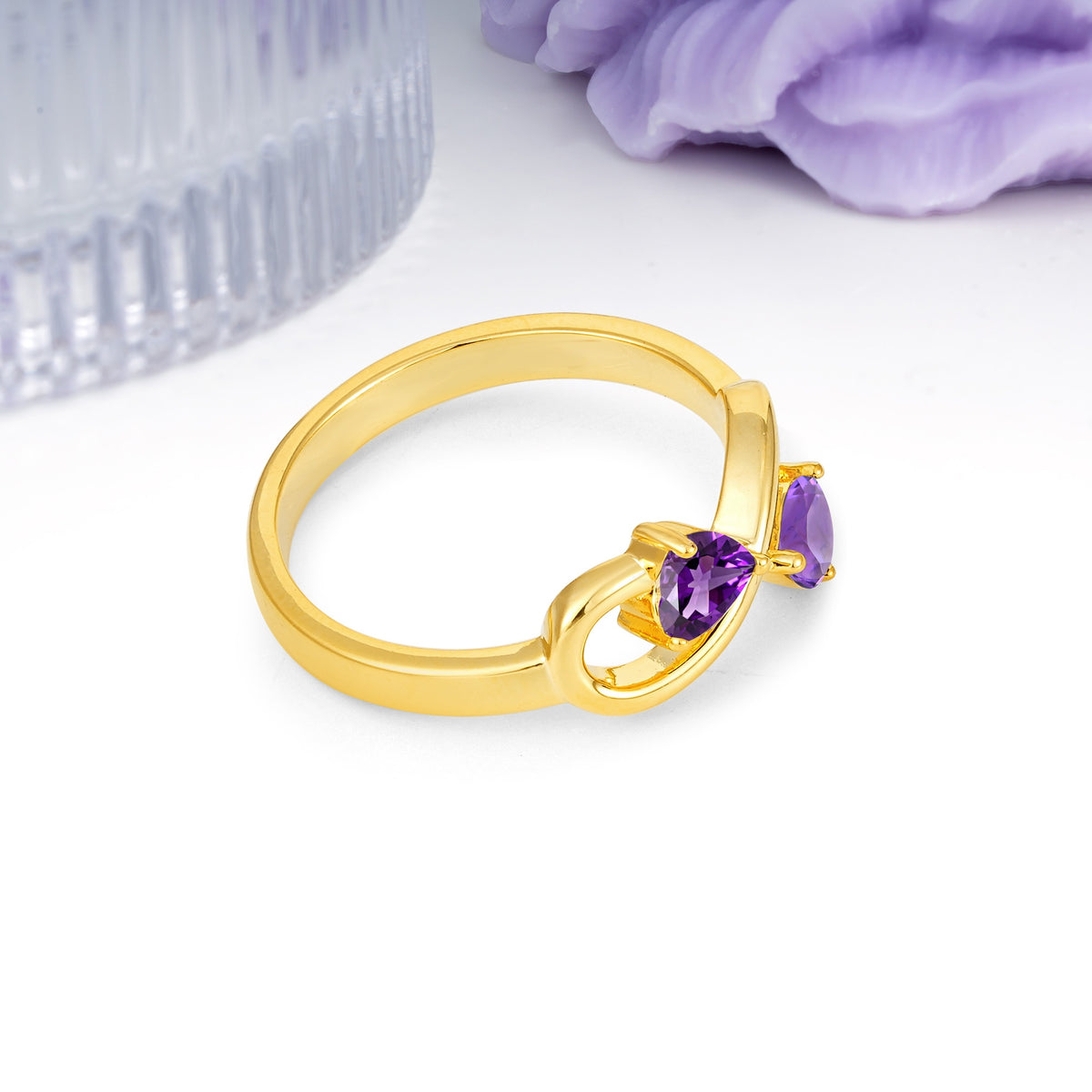 Unique Intertwined 3 Prong Double Heart Cut Amethyst Engagement Ring - Additional view