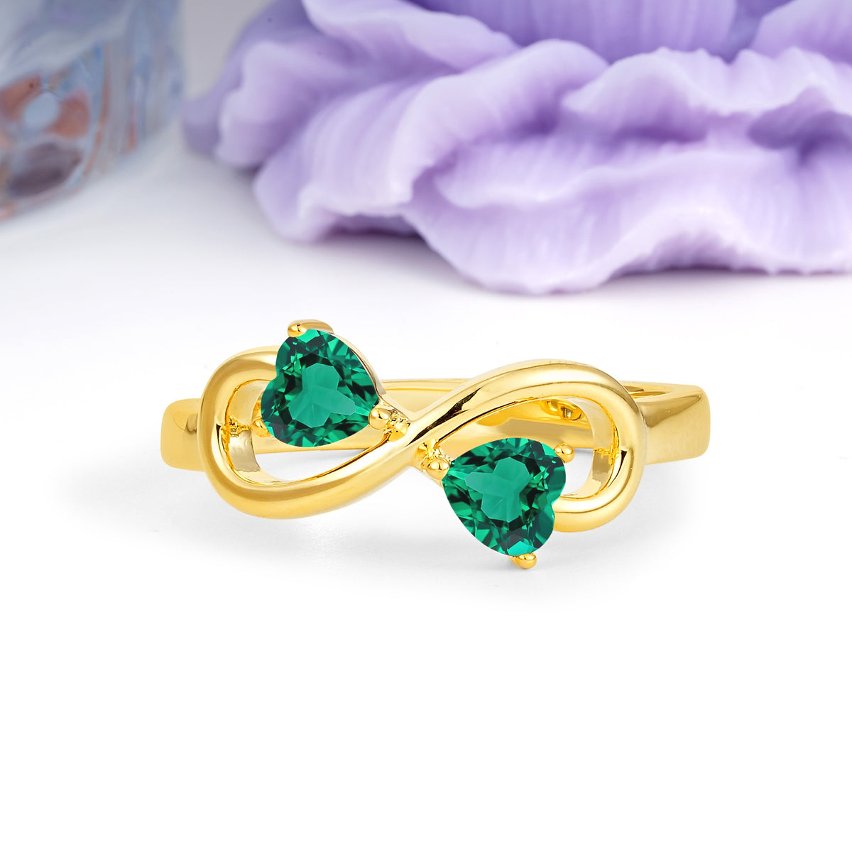 Unique Intertwined 3 Prong Double Heart Cut Emerald Engagement Ring - Additional view