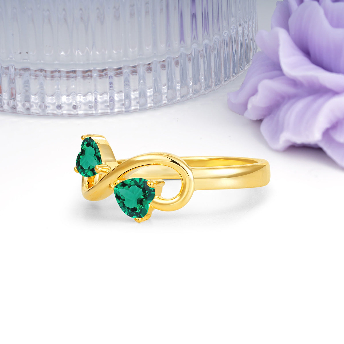 Unique Intertwined 3 Prong Double Heart Cut Emerald Engagement Ring - Additional view