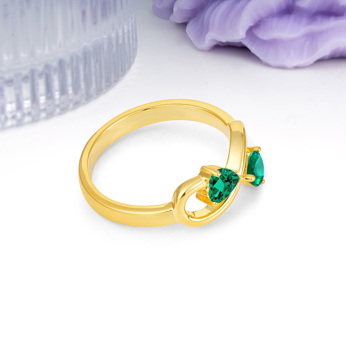 Unique Intertwined 3 Prong Double Heart Cut Emerald Engagement Ring - Additional view