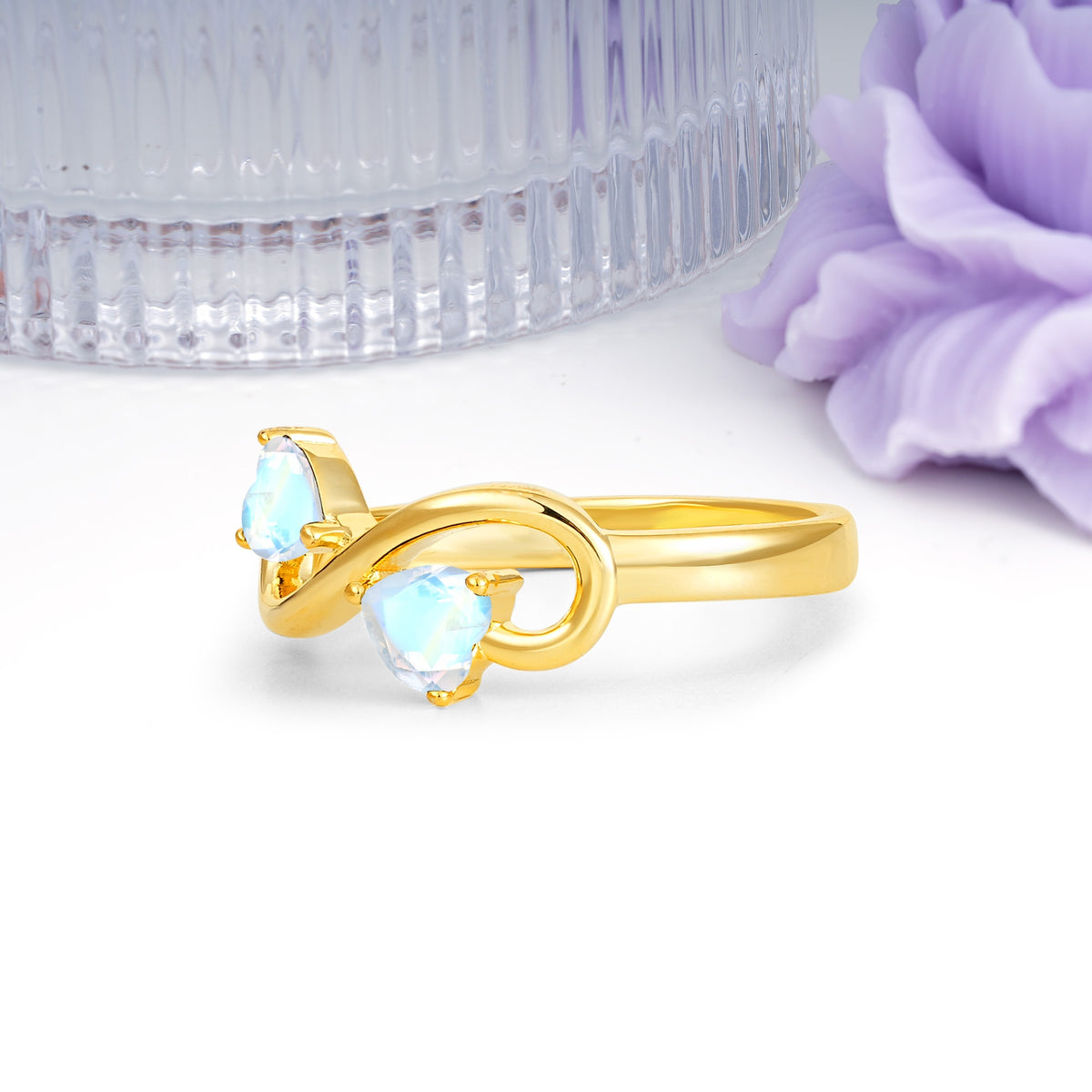 Unique Intertwined 3 Prong Double Heart Cut Moonstone Engagement Ring - Additional view