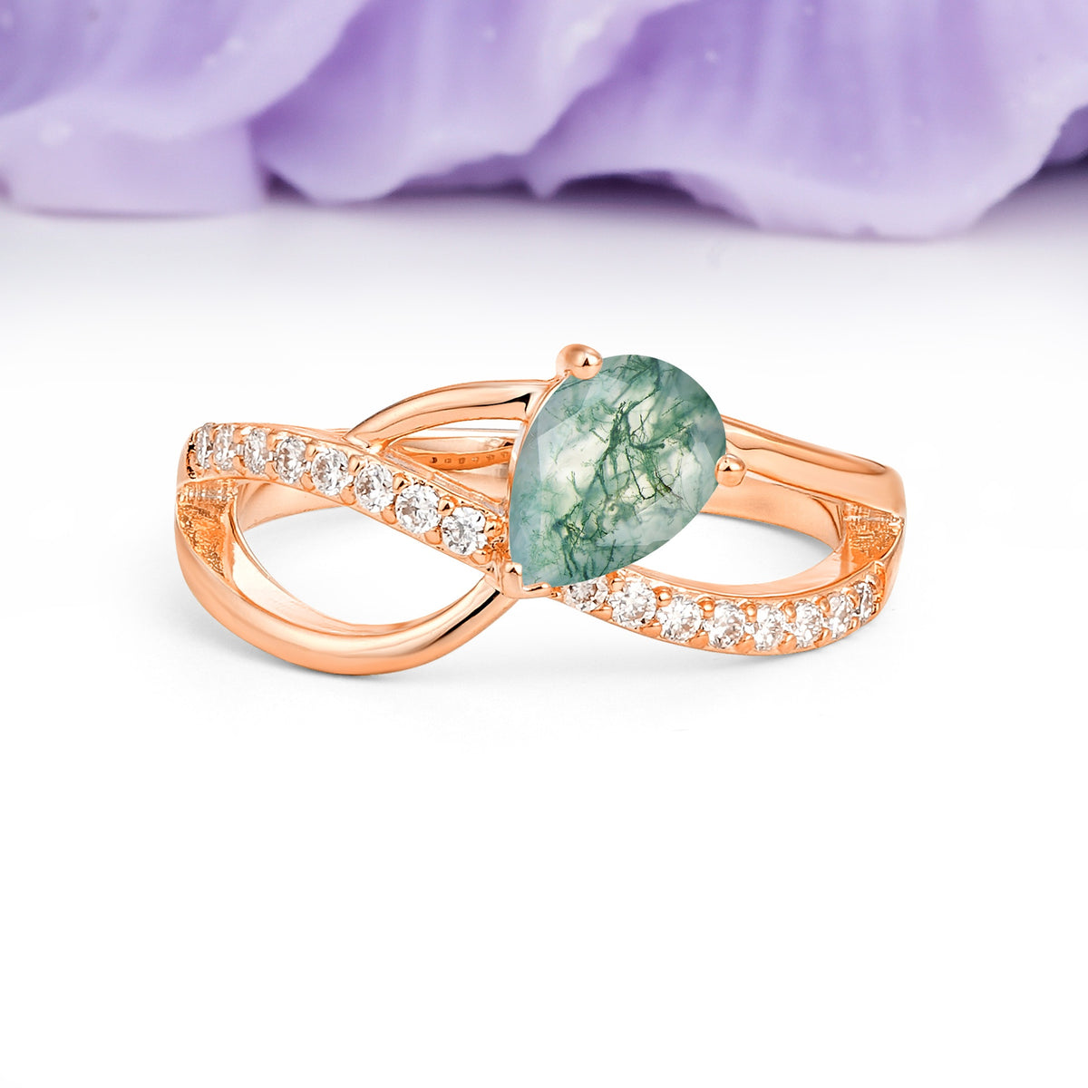 Classic Proposal Infinity Twist Pear Cut Moss Agate Engagement Ring - Additional view