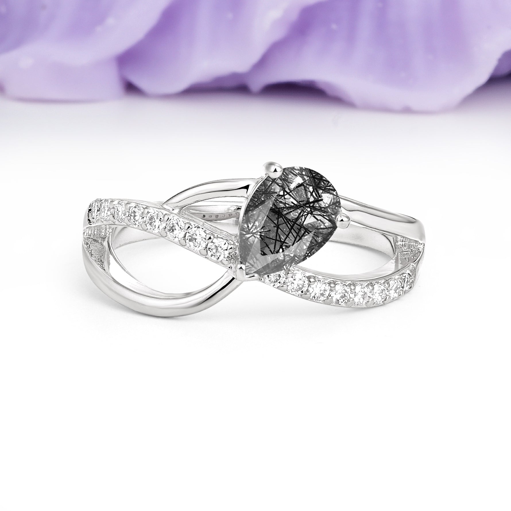Classic Twisted 3-Prong Pear Cut Black Rutilated Quartz Engagement Ring - Additional view