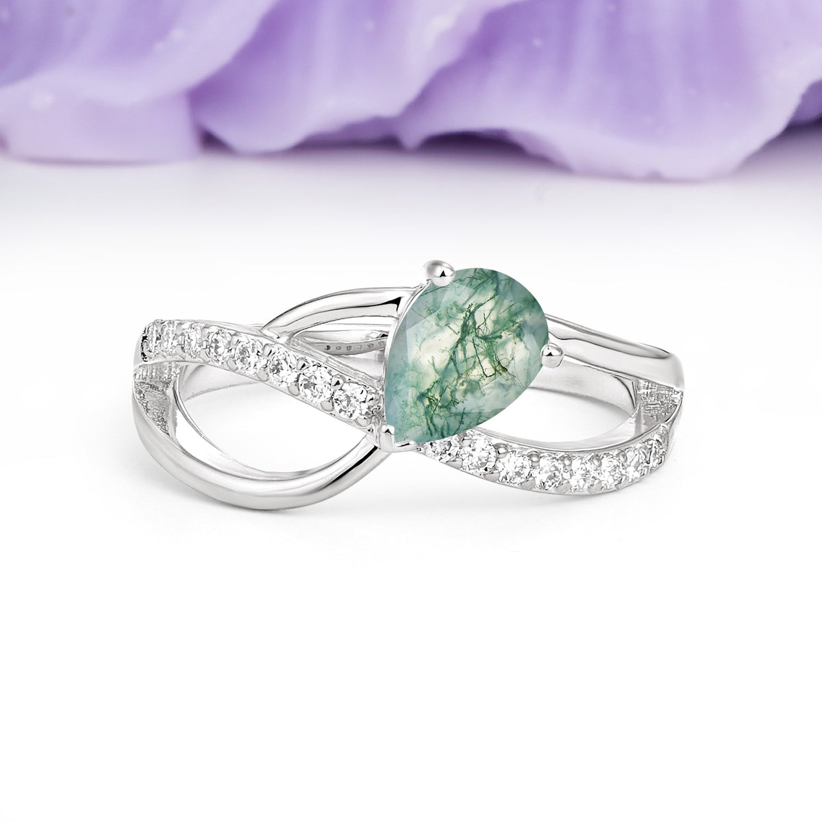 Classic Proposal Infinity Twist Pear Cut Moss Agate Engagement Ring - Additional view