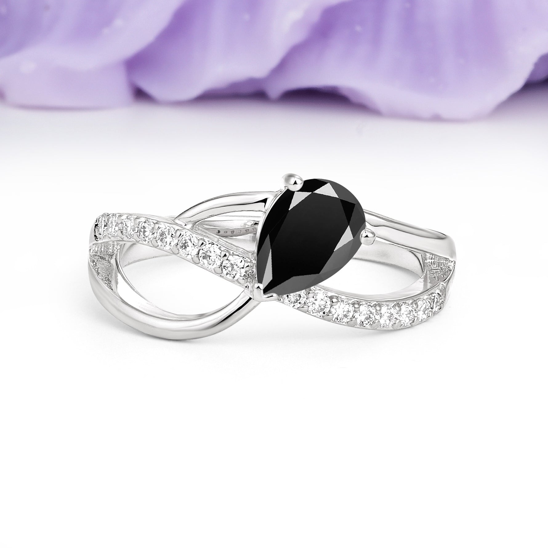 Classic Twisted 3-Prong Pear Cut Black Onyx Engagement Ring - Additional view