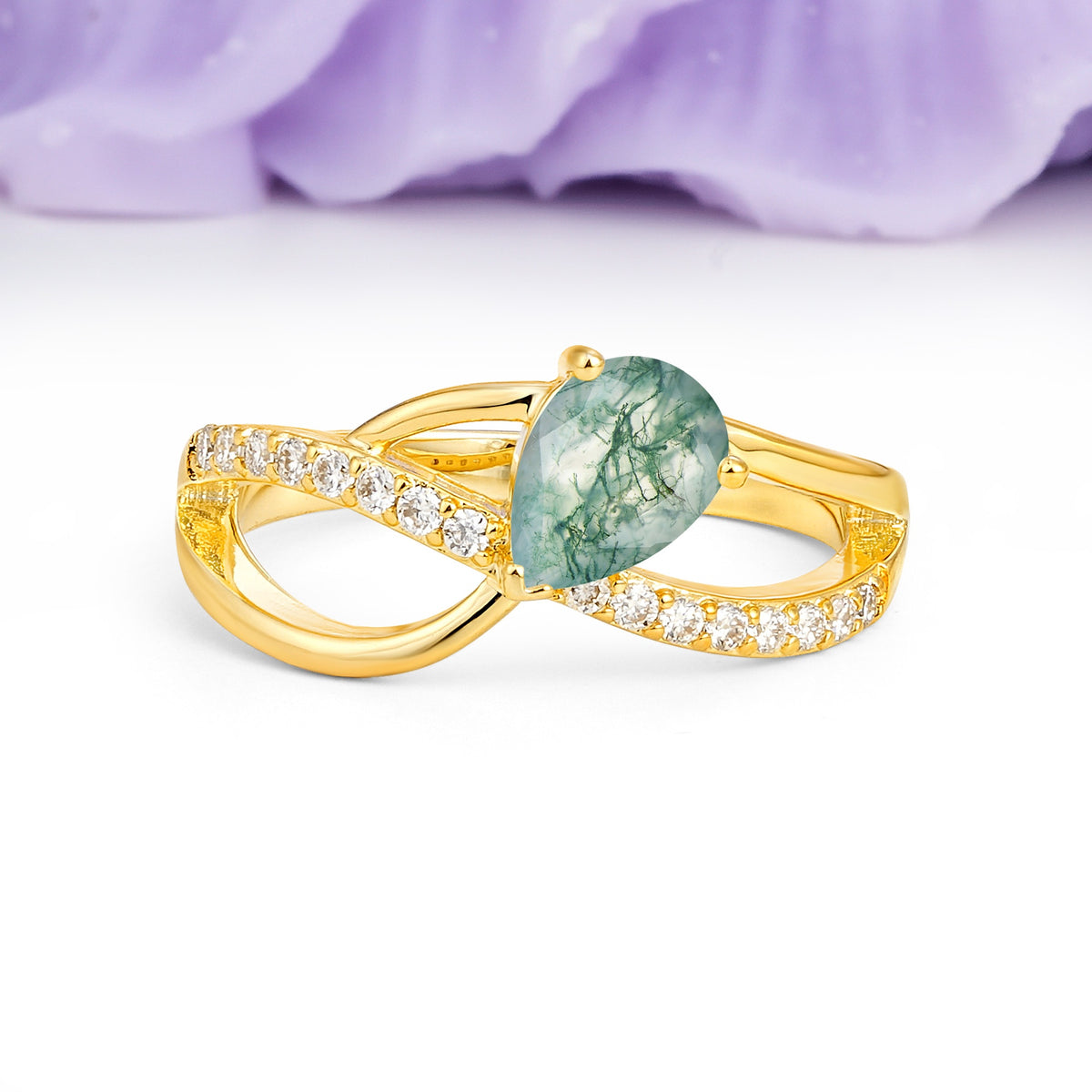 Classic Proposal Infinity Twist Pear Cut Moss Agate Engagement Ring - Additional view