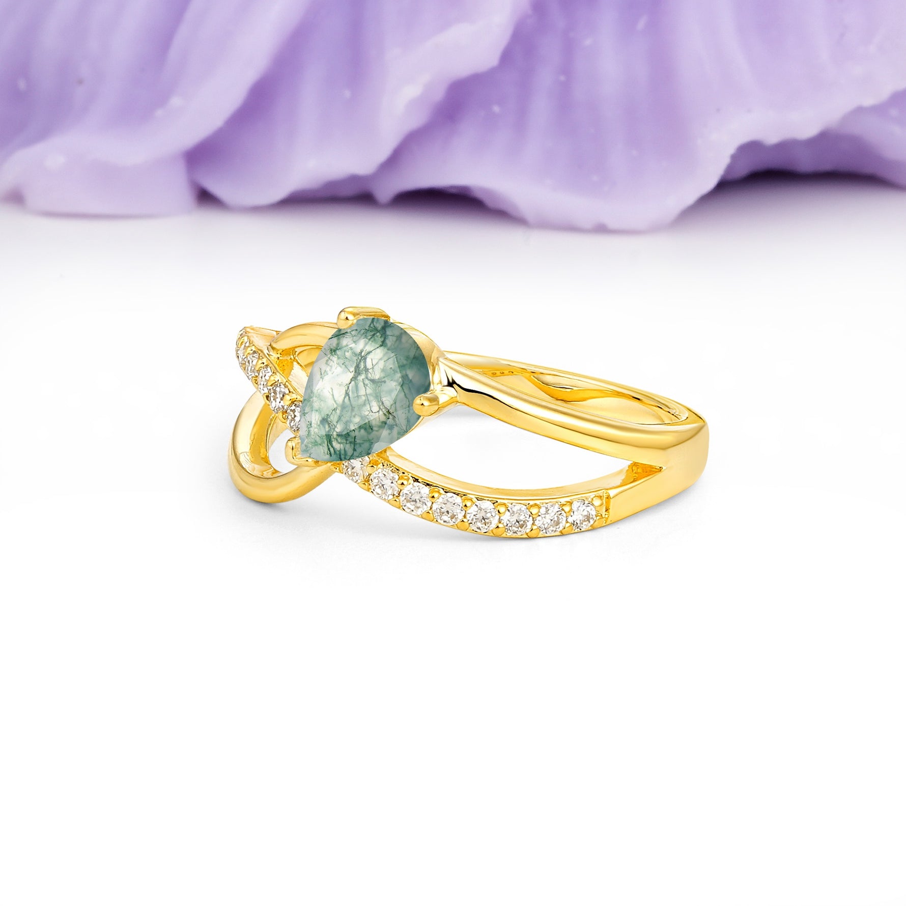 Classic Twisted 3-Prong Pear Cut Moss Agate Engagement Ring - Additional view