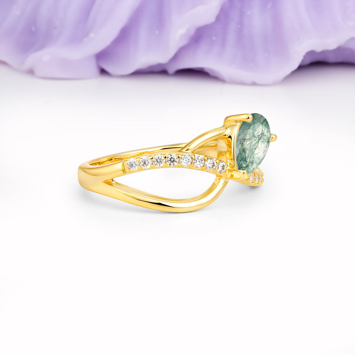 Classic Proposal Infinity Twist Pear Cut Moss Agate Engagement Ring - Additional view