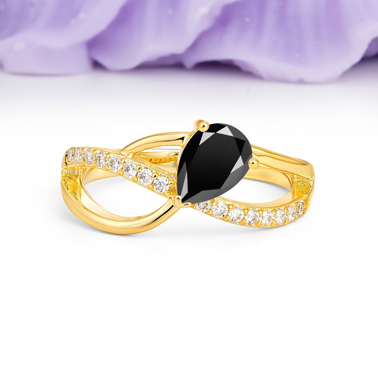 Classic Twisted 3-Prong Pear Cut Black Onyx Engagement Ring - Additional view